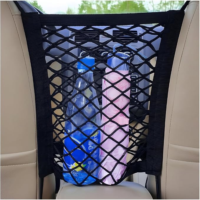 2-Layer Car Mesh Organizer, Seat Back Net Bag Stretchable Barrier of Backseat Pet Kids, Four-Side Elastic Storage Netting Pouch Cargo Tissue Purse Holder Between Front Seats