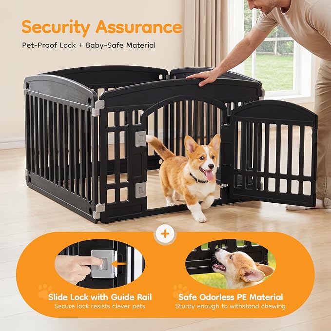 NEWBULIG 24 Inch 4 Panels Dog Playpen, Plastic Pet Play Pen Fence | Portable, Secure Locking Door, Indoor Outdoor Yard RV Camping, Small Medium Dogs, Black
