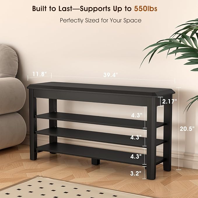IUNVR Shoe Rack Bench Seat Rubberwood 3-Tier Wooden Storage Bench 550lbs Compact Mid-Century Modern Design for Entryway, Hallway, Closet, Front Door Entrance, Foyer