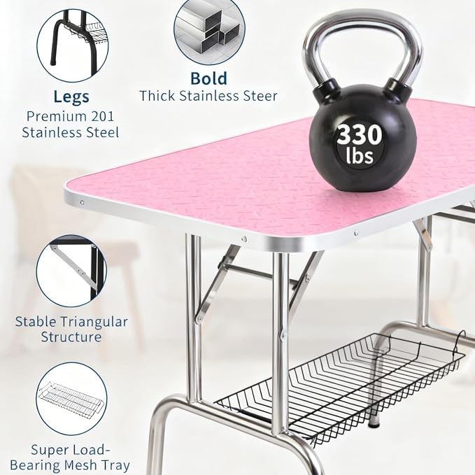 Dog Grooming Table, 30 Inch Pet Grooming Station w/Arm & Noose | Adjustable Height, Foldable Design, Non-Slip Surface & Mesh Tray, Holds Up to 330Lbs for Cat/Dog Trimming Drying, Pink