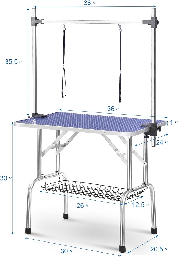 Pet Dog Grooming Table, Adjustable Large Heavy Duty Professional Foldable Trimming Stage with Arms, Noose, Mesh Tray, Maximum Capacity Up to 330LBS, 36''/Blue