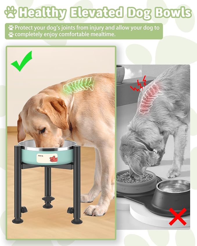 Adjustable Single Raised Dog Food Bowl Stand with 2 Name Stickers | Elevated Dish Holder Fits 6-10inch Wide Dog Bowls, 4 Height Levels for Food and Water, Puppy Medium and Large Breeds