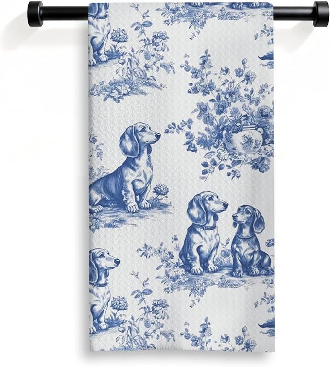 Long Haired Dachshund Kitchen Dish Towels,Blue and White Floral Dog Towel Dish Tea Towels, Chinoiserie Decor for Kitchen Bathroom,Weiner Gifts for Dog Lover Mom Dad,16x24 Inch