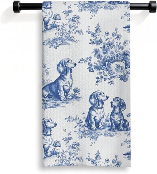 Long Haired Dachshund Kitchen Dish Towels,Blue and White Floral Dog Towel Dish Tea Towels, Chinoiserie Decor for Kitchen Bathroom,Weiner Gifts for Dog Lover Mom Dad,16x24 Inch