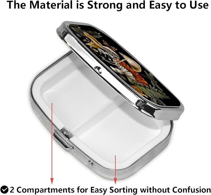 ABLESKY Pill Box, 2 Compartment Pill Organizer Case for Pocket or Purse, Small Portable Metal Travel Medicine Box with Mirror, Daily Vitamins Fish Oil Container-Retro Mushrooms