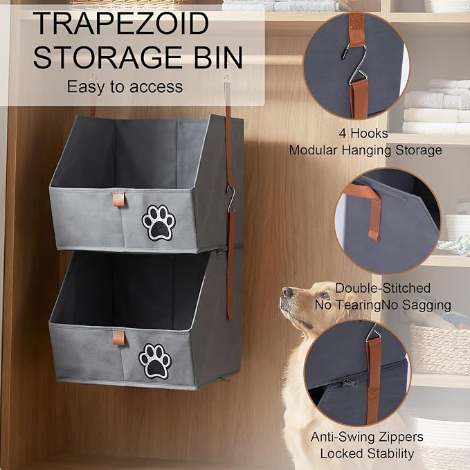 2-Tier Dog Shelves Storage Organizer, Dog Toy Basket, Hanging Closet Organizer for Pet, Fabric Storage Bins Dog Cabinet, Collapsible Baskets for Dog Toys,Collar,Clothes,Blanket -Grey