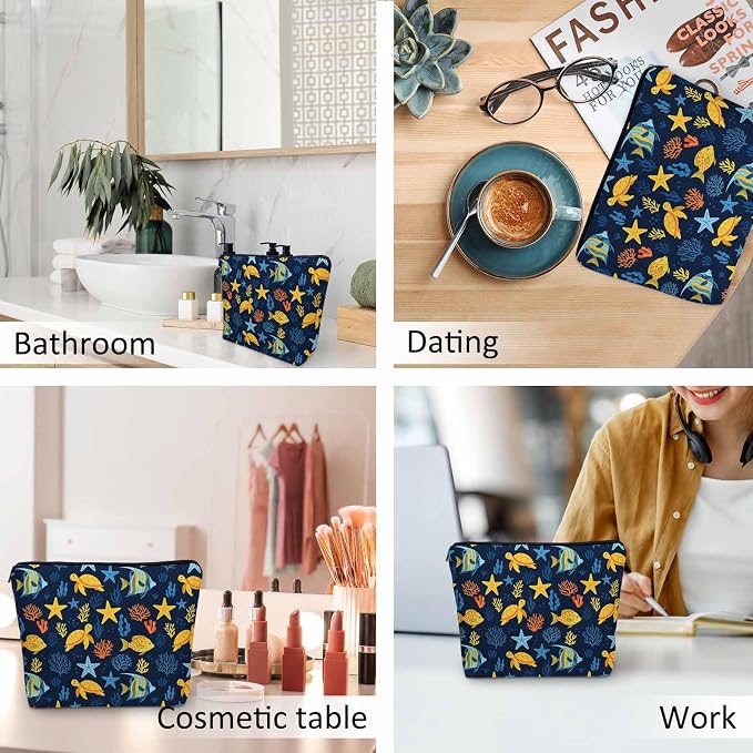 Sea Animal Makeup Bags Makeup Organizer, Ocean Sea Turtle Starfish Seaweed Flax Toiletry Bags Travel Cosmetic Bag Makeup Purse Pouch Skincare Bag Wallet Bags For Women Female Mom Daughter
