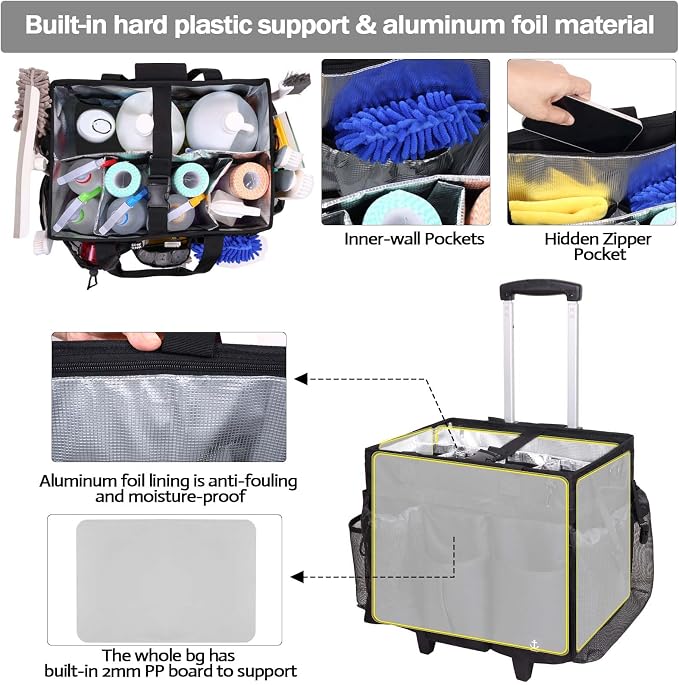 Rolling Cleaning Caddy Bag Built-in Hard Plastic Sheet Detachable Trolley | Aluminum foil lining, Adjustable dividers Adjustable Shoulder Strap and Multiple Storage Pockets
