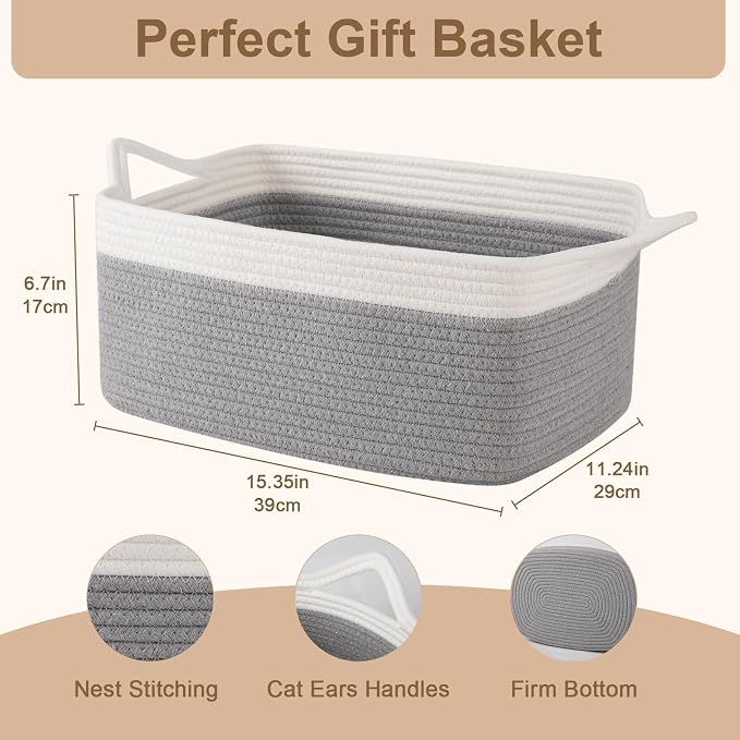 OIAHOMY 19L Woven Basket, Gift Basket Empty with Gift Bags and Ribbons, Rope Baskets for Baby Showers, Storage Baskets with Handles for Nursery, Pet Toy Organizer - Grey & White