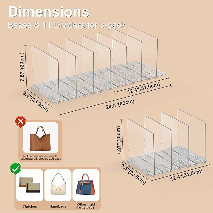 SortNStore Bag & Purse Organizer for Closet: Adjustable Clear Dividers | Plastic Clutch for Closet Organizers Handbag Storage - Keep Carteras & Pocketbook Upright 3 Pack - 11Dividers