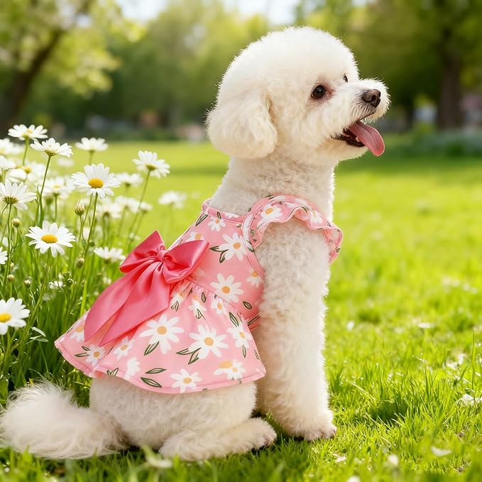 Dog Dress with Sleeve Ruffles, Floral Pet Dresses with Bow Tie for Small Meduim Dogs Puppy Cats Girl, Cute Princess Dog Dresses Skirt Clothes Outfits for Spring Summer, Pink M