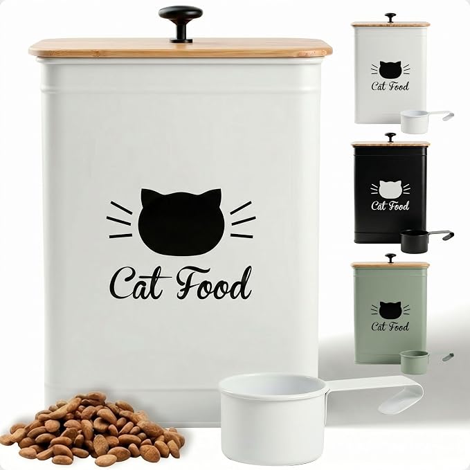 Metal Cat Food Container with Scoop 5-7 lb (25 Cup), w/ Airtight Bamboo Lid | Cat Kibble Canister with Metal Scoop, 25 Cups, Chew Proof Iron Body, Powder Coated, Airtight Bamboo Lid, Sturdy Metal Handle