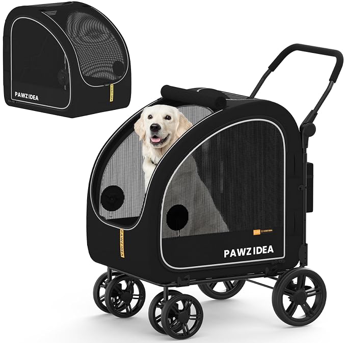 PAWZIDEA 3-in-1 Large Dog Stroller with Detachable Carrier, 45% Extra Tall | Dog Crate Car Travel for 2 Medium Dogs Sit Upright, Foldable Jogger Pet Stroller All-Terrain, Adjustable Handle, Up to 100lbs