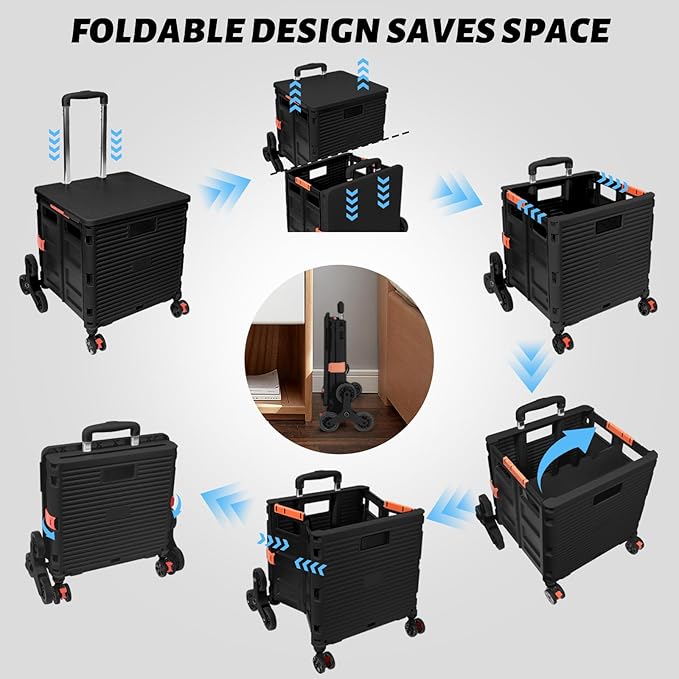 FELICON SELORSS Folding Utility Climber Cart Portable Rolling Crate-Black | Stair Climbing Wheels+360°Swivel Wheels,Telescoping Handle,Plastic Box Dolly for Travel Shop Move Laundry Office Teacher Use