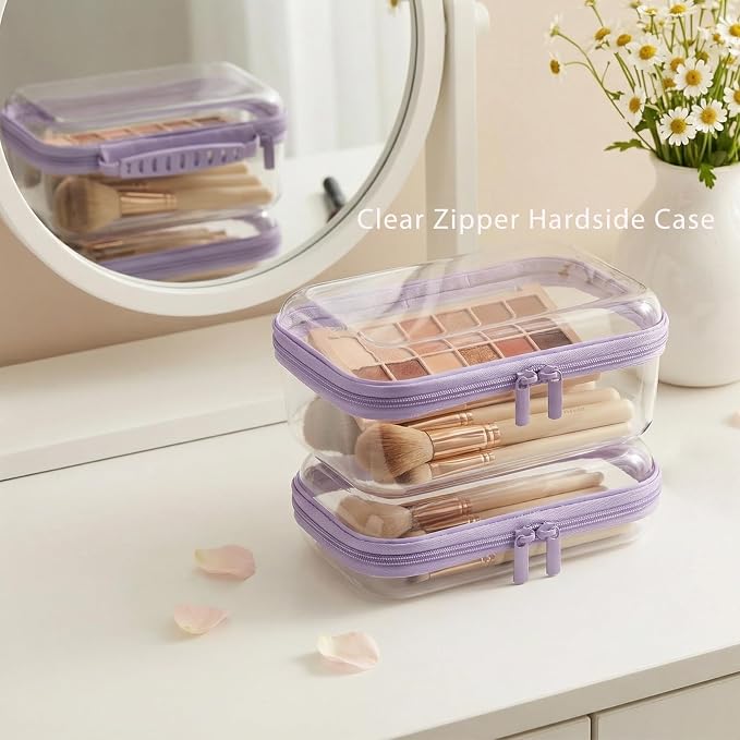 3 Pack Clear Hard Shell Zipper Storage Case Deep Capacity Organizer Pouches | PET Waterproof Transparent Bags with Handle 1.2mm Thick for Makeup Toiletries Cosmetics Toys Art Supplies Travel Essentials