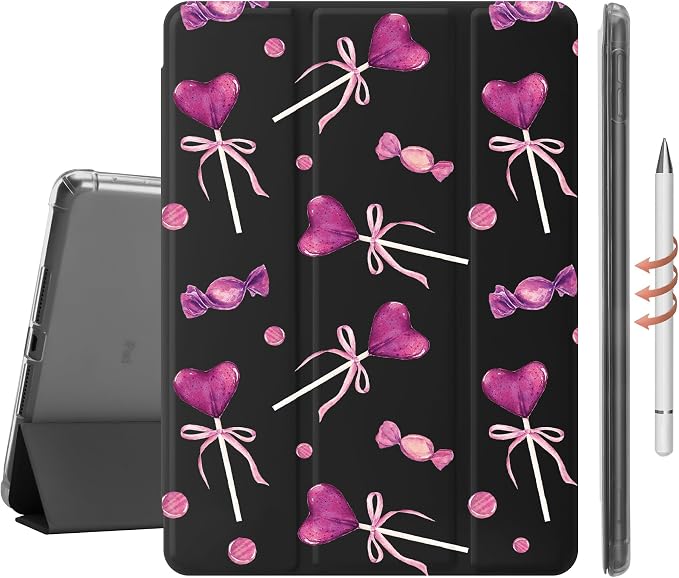 Cute Bow Lolipop Case for 13" iPad Pro(2024), Clear TPU Smart Stand Back Cover with Pencil Holder, Auto Wake/Sleep Foldable Shockproof Protective Case