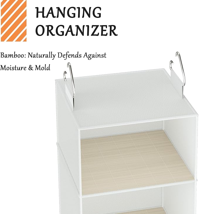 Hanging Closet Organizer with Bamboo Shelves - Foldable Closet Storage for Baby Clothes, Towels, Scarves,Space Saving Shelves Organizer (White)