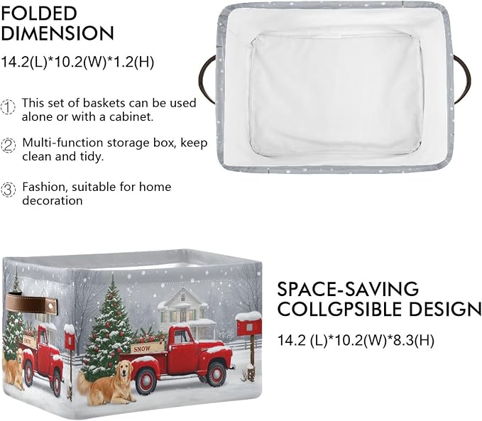 Christmas Tree Red Truck Storage Basket Fabric Laundry Baskets Winter Snowman Snowflake Golden Retriever Dog Storage Boxes Organizer Bag for Cloth Toy Book Storages Shelf Closet Bins 16×12×8 2 Pack