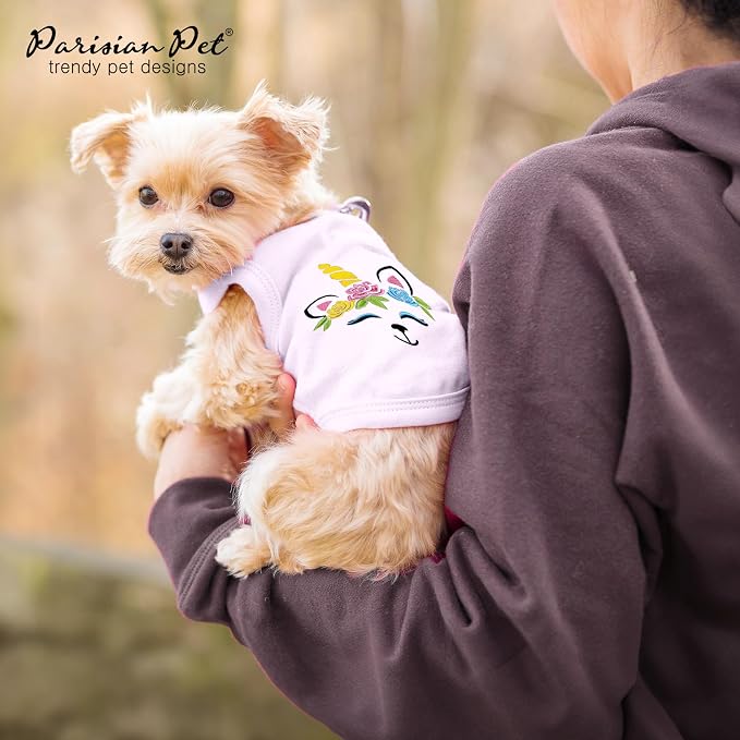 Parisian Pet Dog Shirt - 100% Cotton Unicorn Shirts for Small Dogs - Pink Sleeveless Girl Pet Clothes - Lightweight and Breathable Puppy Clothes - Stretchy Female Dog Apparel - T Shirts for Dogs
