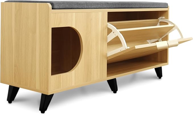 4 Cats & Dogs Tucker Shoe Cabinet – Multi-Functional Crate with Cushioned Bench Seat, Pet Nook & Hidden Cat Litter Box Storage, Modern Hallway Furniture 43” x 14” x 20” - Oak