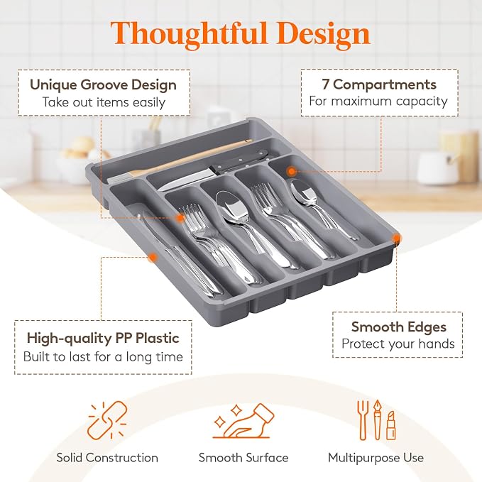 Lifewit Silverware Organizer with Lid, Covered Utensil Tray, 11.3x14.4 | Plastic Cutlery Storage Box for Kitchen Drawer and Countertop, Flatware Case Holder for Spoons Forks Knives, Gray