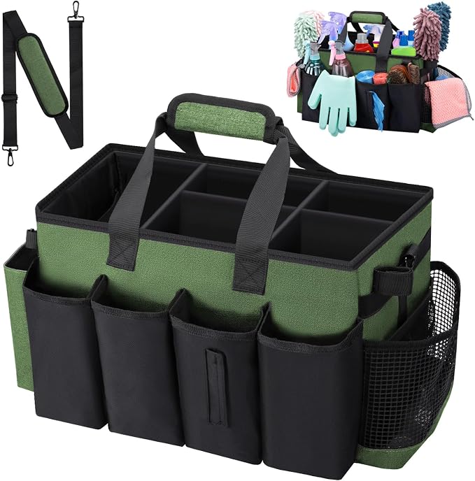 Wearable Large Cleaning Caddy Bag for Housekeepers (Green) | Cleaning Supplies Organizer with Adjustable Shoulder, Waist & Handle Straps, Detailing Bag for Kitchen Supplies