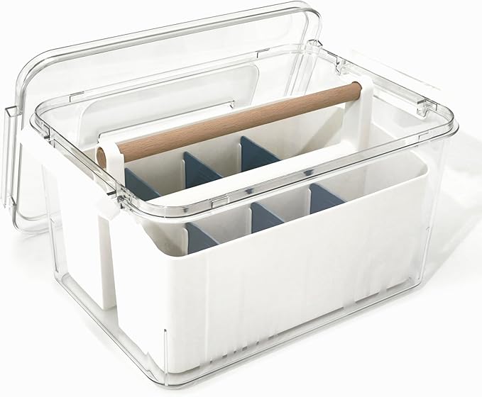 Craft Caddy with Lid and Lift-Out Portable Caddy, Blue | Art Supply Storage, Adjustable Dividers, Clear Storage Organizer, Teacher Supplies, Markers & Brushes, Stackable 11x8x7 in