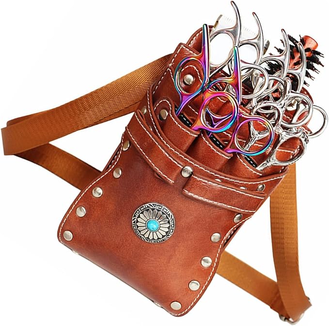 Hairstylist Waist Bag, 7-Slot PU Leather Barber Scissors Tool Bag Shear Holder, Detachable Hair Cutting Organizer for Combs, Clippers, and Spray Bottles (Coffee)