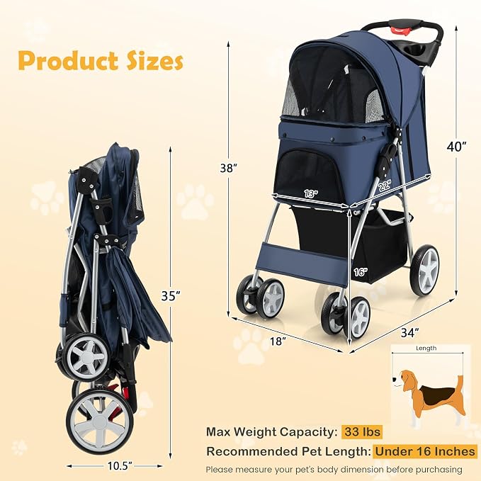 Giantex Folding Dog Stroller for Small Medium Dogs Cats Puppy, 4 Lockable Wheels Cat Stroller Pet Travel Carrier Strolling Cart, Safety Belt, Removable Liner and Storage Basket (Navy)