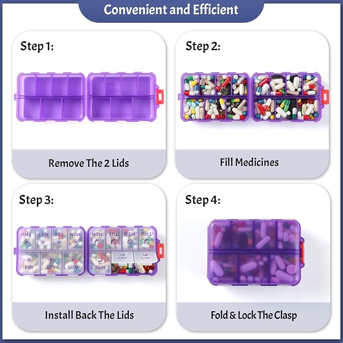 NEW Foldable & Double Protection Portable Weekly Pill Organizer 2 Times A Day with Etched Labels, AM PM 7 Day Week Medicine Box, Daily Travel Pill Case Dispenser for Vitamin, Supplement - Clear Purple