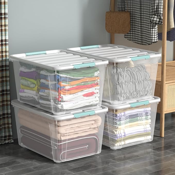 85 Quart Large Plastic Clear Storage Bins with Wheels, 4 Packs | Stackable Large Capacity Plastic Organization Box with Wheels