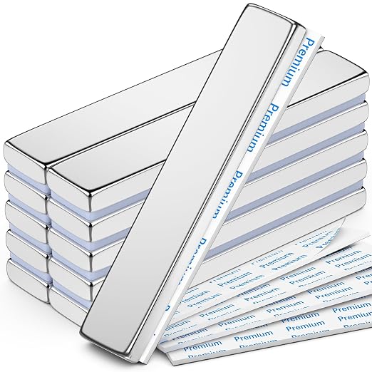 FINDMAG Heavy Duty Bar Magnets with Adhesive, 10 Pack, 60x10x5mm | Strong neodymium magnets with adhesive backing; for cabinet closures, shower doors, garage storage, tools and home projects