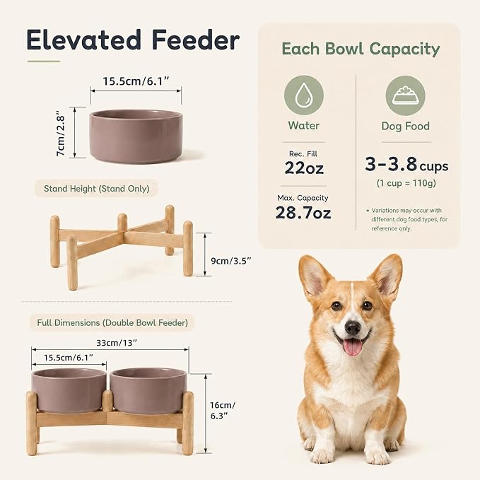 Havniva Ceramic Dog Bowls Elevated, Raised Dog Food Bowl for Small Dogs | 6.1” Elevated Dog Bowls, Non-Slip Wood Stand, Dog Food and Water Bowl Set, Dog Feeding Dish, Large Capacity Pet Water Bowl
