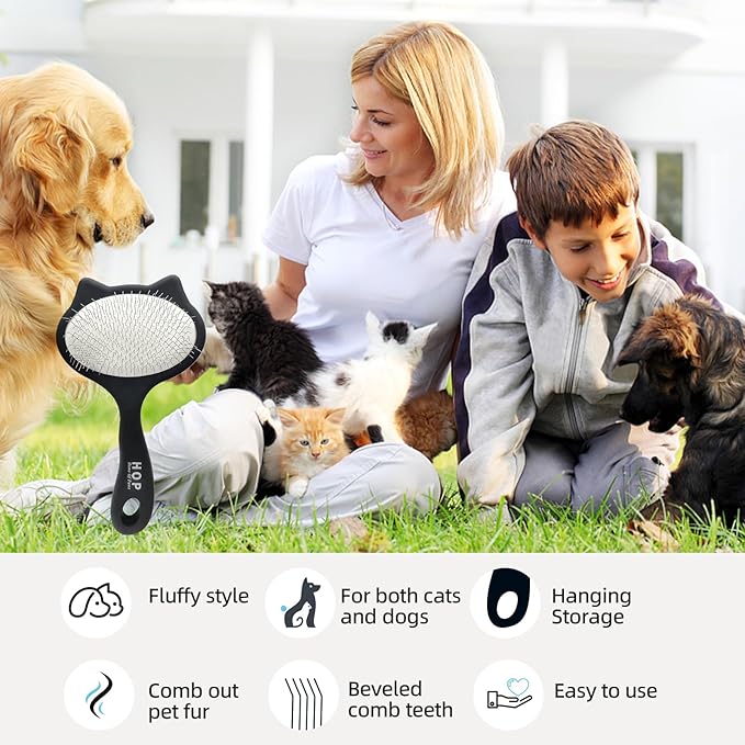 HOP Cat Head Slicker Brush for Dogs Long Pin Dog Slicker Brush for Shedding Dog Dematting Comb Pet Grooming Tool for Long Haired Dogs and Cats Remove Loose Hair Mats Knots Tangles