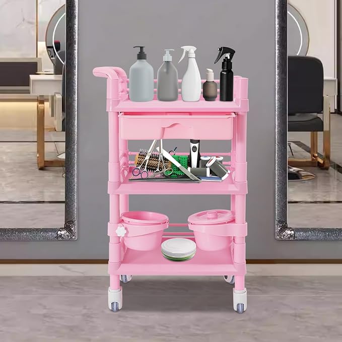 Mobile Salon Storage Cart with Wheel and Drawer, Portable 3-Tier Professional Trolleys, 176 Lbs Load Utility Tool, for Barber Stores, Spas, Homes, Beauty Store, Pet Shops (Pink)