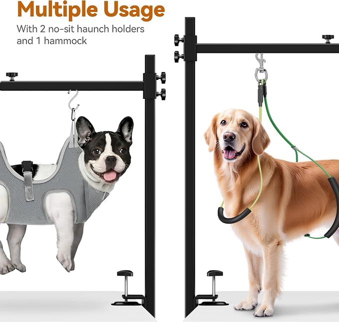 H Shape Dog Grooming Arm for Table, S Size Hammock, 42" H, 31-43" W | Heavy Duty, Adjustable Grooming Stand, Clamp Fits up to 2.76", with Hammock & 2 Nooses for Home Grooming & Nail Trimming