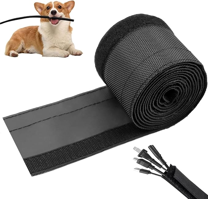 1/2" - 6.6 Ft Dog/Cat Cord Protector, Hook and Loop Cable Sleeve | Cable management sleeve; Reversible, flexible & cuttable; Split wire wrap for TV, USB, audio, computer and automotive; Black