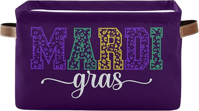 Wamika Happy Mardi Gras Purple Storage Basket with Waterproof Liner and PU Handles Fleur de Lis Storage Bins Boxes 14.2" Collapsible Decorative Organizer Baskets for Bedroom Closet Office 1 Pack