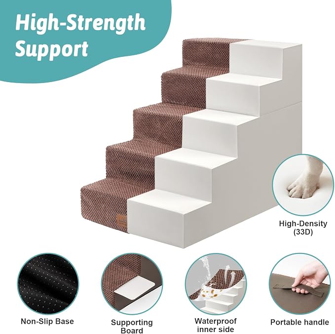 COZY KISS Dog Stairs for Small Dogs, 5 Step Pet Stairs for Beds & Couches | 23.6" Extra Wide Non-Slip Dog Steps with Removable Tiers & Support Board for Puppies, Older Cats & Dogs, Brown