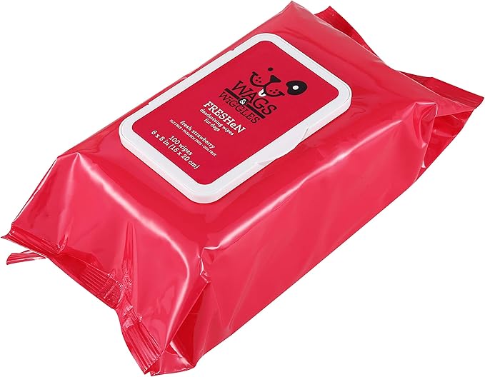 Wags and Wiggles Freshen Deodorizing Wipes for Dogs, Fresh Strawberry Scent - Dog Wipes that Eliminate Odors Between Baths, Easy at-Home Grooming, Dogs and Puppies, 100 Count - 12 Pack