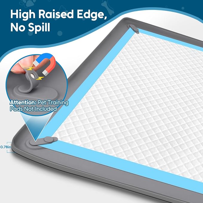 Pee Pad Holder for Small Dogs, 24" x 24" Dog Puppy Pee Pad Holder, Gray | Non-Slip Silicone Tray with 4 Magnetic Clips for Training, No Spill Raised Lip High Edge for Indoor Floor Protection