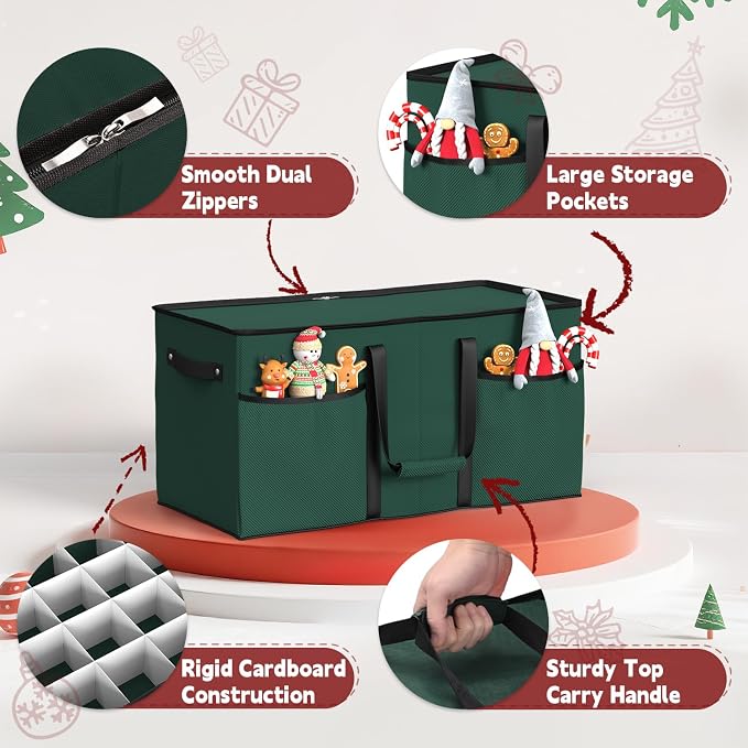 Sunvigor Christmas Ornament Storage Box with 8 Trays, Fits 128 Holiday Ornament Christmas Storage Container with Adjustable Dividers, Dual Zipper, 600D Oxford Christmas Decorations Storage(Deep Green)