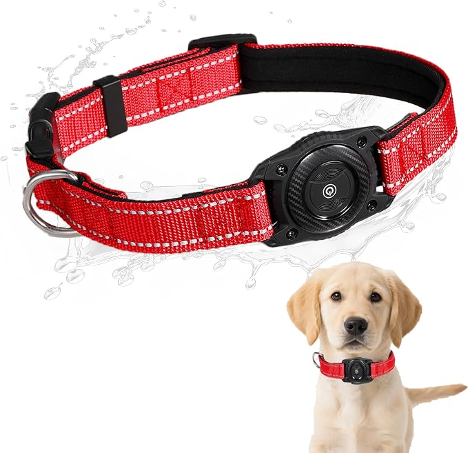 1Pc Air Tags Dog Collar Tracker, Waterproof Pet Collar Location Tracker with Air-Tag Chip for Apple Find My (iOS only) (Red, S)