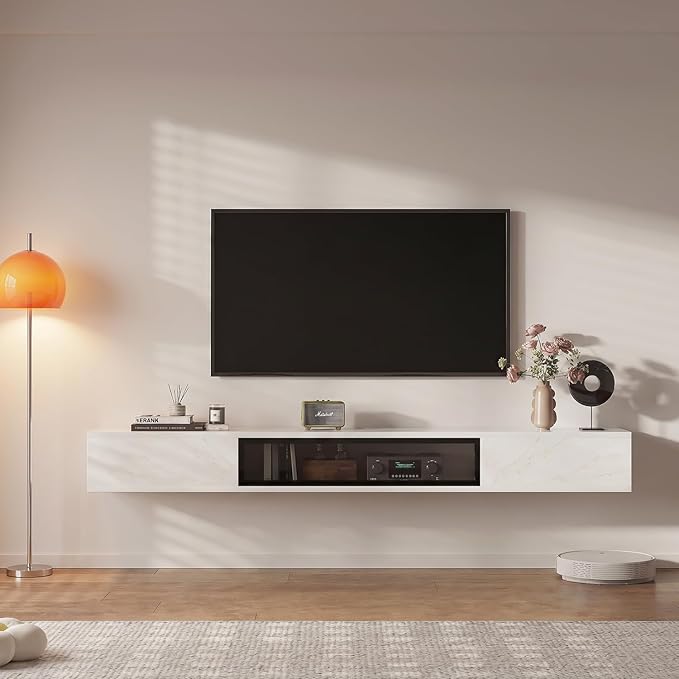 FurniNova 70 inch Floating TV Stand, Modern PET High Gloss Wall Mounted Media Console with Glass Door, Plywood Entertainment Center for 75 inch TV,White