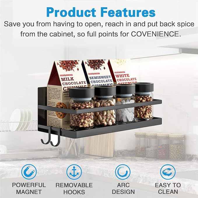 Magnetic Spice Rack, Strong Magnetic Shelf with 2 Removable Hooks, Perfect Space Saver for Small Kitchen/Apartment, Awesome Metal Cabinet for Holding Spices, Jars, Bottle, Beverage(Black)