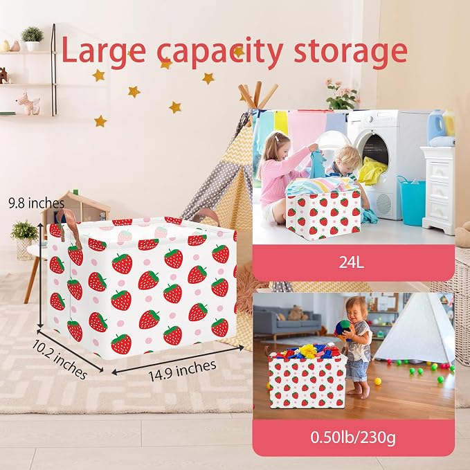 NTAOHAMPER Rectangular Storage Basket with Handles, Cotton Canvas Fabric, Strawberry Pattern, Room Decor, Gift Basket, Book Box