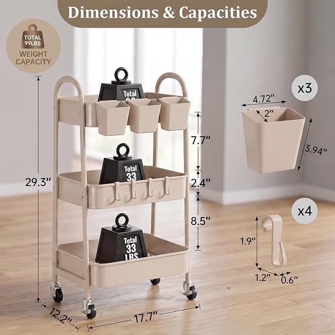 danpinera 3-Tier Rolling Cart, Utility Cart Mobile Metal Rolling Storage Cart with Lockable Wheels & Hanging Cups & Hooks for Kitchen, Bathroom, Office, Workshop, Beige