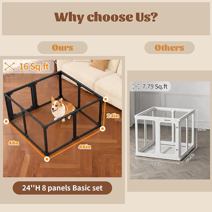FlexiSpace Adjustable Clear Dog Play Pen, Expandable & Stackable Acrylic Dog Playpen, ONLY Dog Play Pen Indoors Grow with Your Pet Puppy Playpen (Black, 10", 10 Panels)