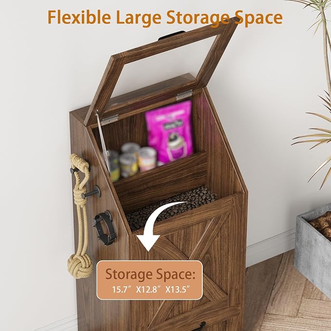 Dog Feeding Station with Storage Cabinet & 2 Elevated Bowls,Walnut | All-in-one Pet Feeding Station: Sealed Food Bin + 2 Pull-out Elevated Bowls + Shelf + Side Hooks. Moisture-Proof.