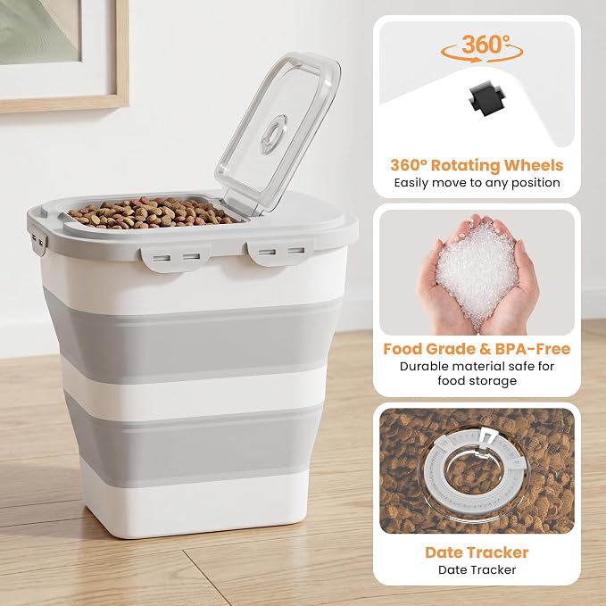 40 Lbs Dog Food Storage Container, Collapsible Cat Food Container | Airtight Pet Food Storage Containers with Wheels, Clear Window, 2 Measuring Cup, Scoop, BPA Free for Rice, Flour, Bird Seed